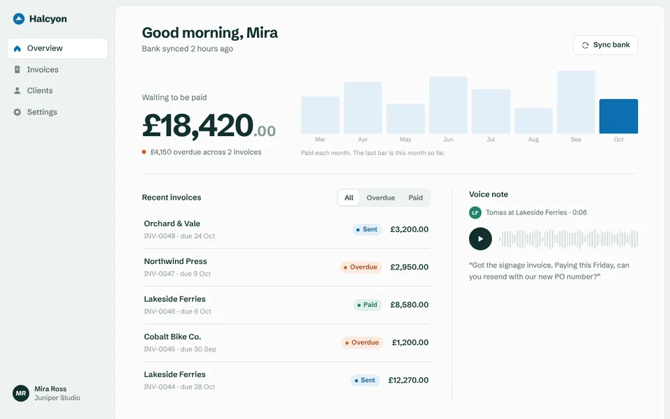 Halcyon, a pretend invoicing app